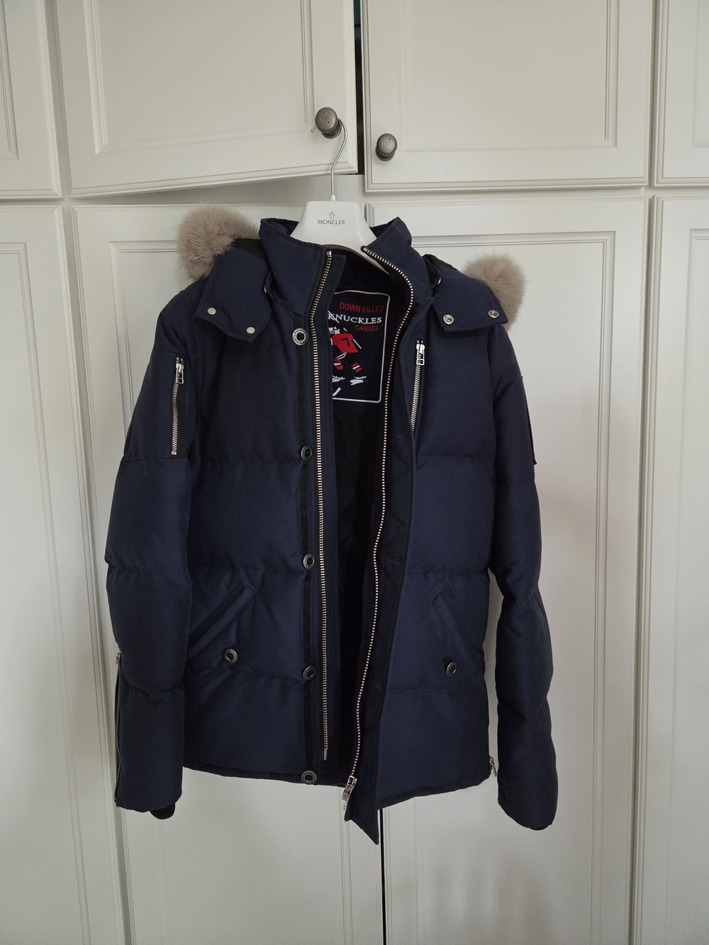 Moose Knuckles Navy Down Puffer with Fur-Trim Hood